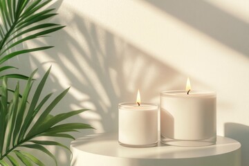 Serene Scene with White Candles and Green Plant Shadows