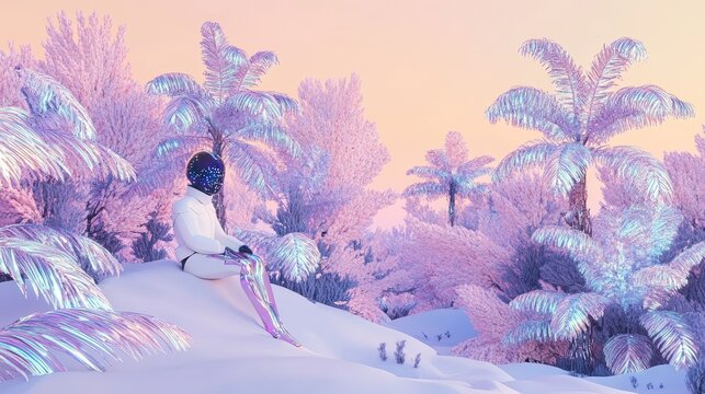 Robotic Figure Contemplating Winter Palm Treescape