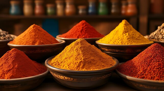 A Colorful Market Scene Featuring Vibrant Heaps of Spices in Various Shades of Red, Yellow, and Brown, Exuding Rich Aromas and Cultural Essence