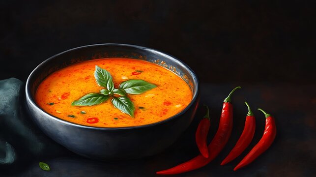 Artistic Depiction of Thai Spicy Soup with Fresh Chili Peppers, Vibrant Colors, and Herbal Garnish Showcasing the Rich Culinary Tradition of Thailand