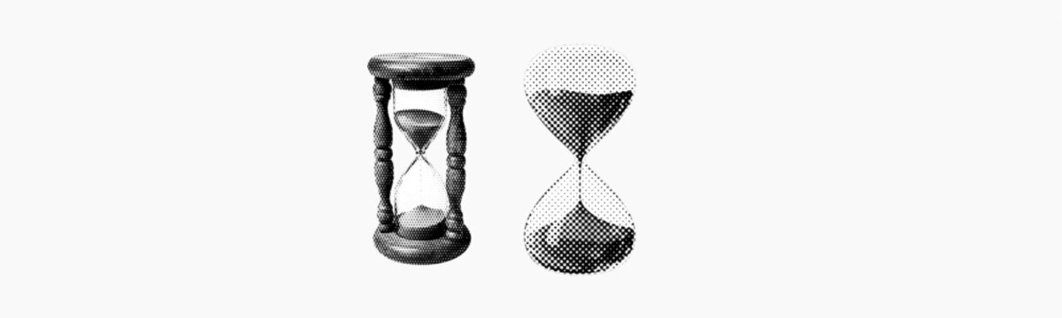 hourglass sand clock isolated on white background halftone vintage dots texture cut-out retro magazine style collage element for mixed media grunge design