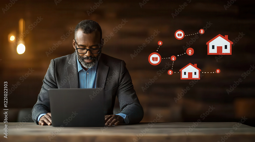 Aufkleber man in suit working on laptop in dark professional setting, with icons representing houses and conne