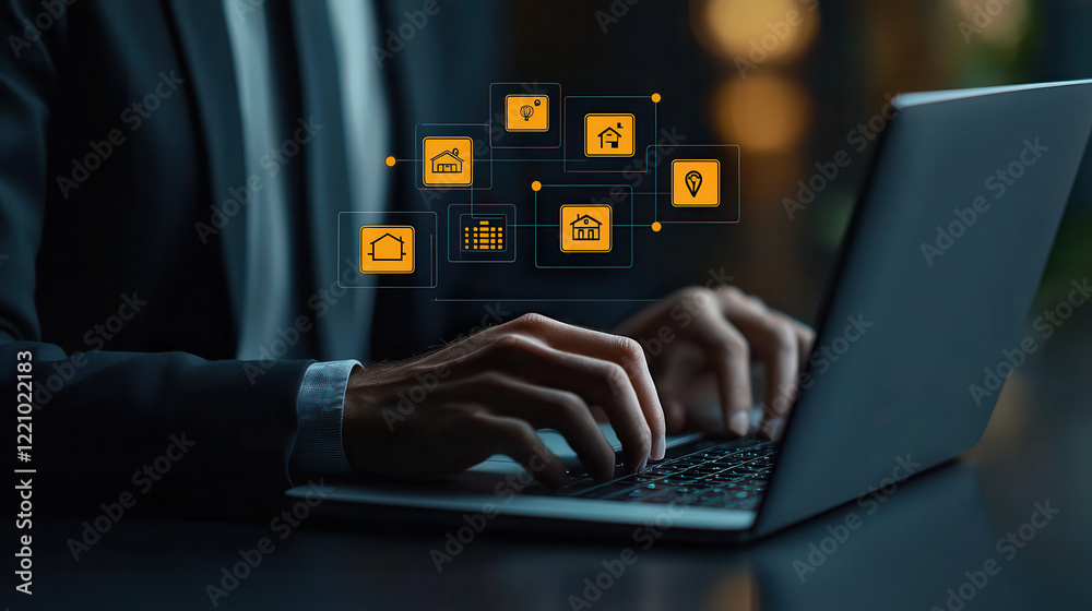 Poster dark, sharp image of man in suit working on laptop, showcasing digital icons representing various co