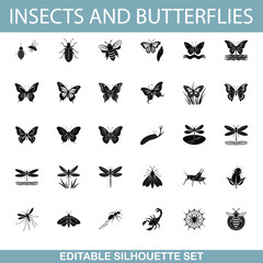 Insect and Butterfly Silhouettes Editable Vector Graphics Set