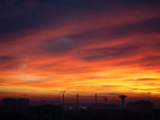 Dusk, Sunset Sky Clouds in the Evening with colorful Orange, Yellow, Pink and red sunlight and Dramatic storm clouds on Twilight sky, Landscape horizon