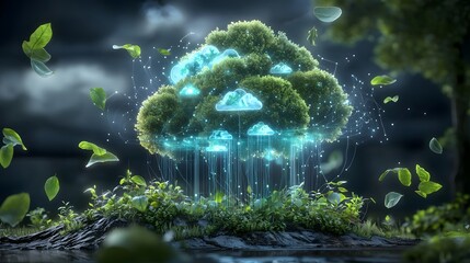Futuristic scene showcasing cloud based green technology monitoring system with real time environmental impact assessments  Floating data visualization of ecosystem health weather patterns