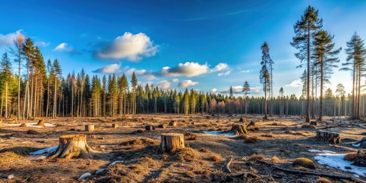 A sunlit clearing reveals the aftermath of selective logging, leaving behind tree stumps and a landscape transformed under a vibrant sky