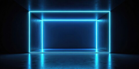 Obraz premium Abstract Futuristic Blue Neon Light Rectangular Frame in Dark Room with Reflective Floor