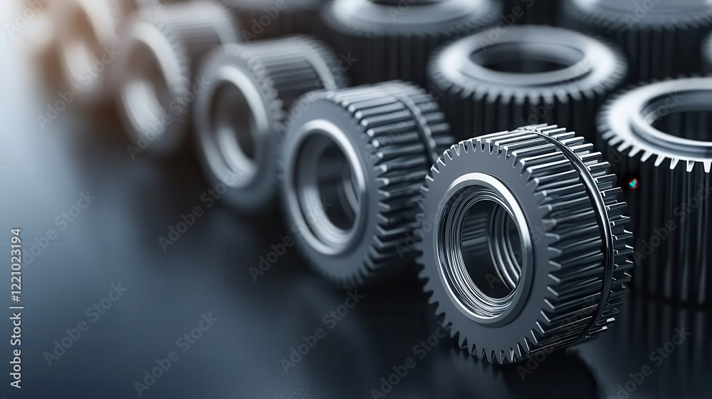 Poster Detailed close up of glossy silver gears arranged in row, showcasing their intricate design and metallic shine. image captures precision and engineering of mechanical components