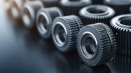 Detailed close up of glossy silver gears arranged in row, showcasing their intricate design and metallic shine. image captures precision and engineering of mechanical components