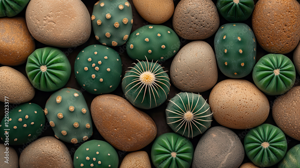 Poster detailed cluster of dark green cacti and smooth stones, showcasing harmonious blend of textures and 