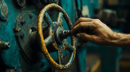 Close-Up of Hand Turning Wheel of Metal Lathe Machine During Precision Manufacturing