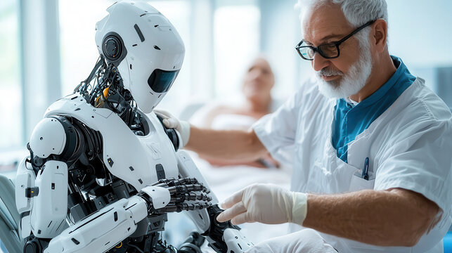 healthcare professional interacts with futuristic robotic exoskeleton in medical setting, showcasing advanced technology and human robot collaboration
