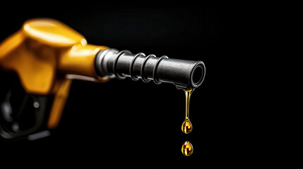 close up shot of golden gasoline pump nozzle dripping fuel against black background, showcasing sleek design and vibrant color