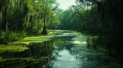 Lush swamp bursting with vibrant greenery, peaceful streams, and a thr cinematic view.