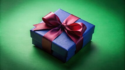 Obraz premium A luxuriously wrapped present, a deep blue box adorned with a rich burgundy ribbon, sits elegantly on a vibrant green background, promising a delightful surprise within.