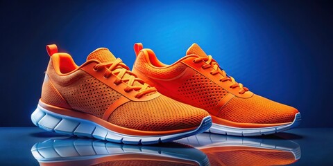 A pair of vibrant orange athletic shoes, designed for performance and comfort, showcases breathable mesh fabric and a supportive sole. These stylish sneakers are perfect for any active lifestyle.