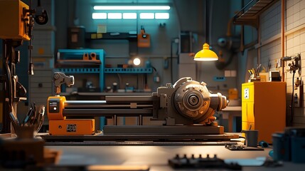 Precision Metalworking Scene with Lathe Machine and Operator Fine-Tuning Settings