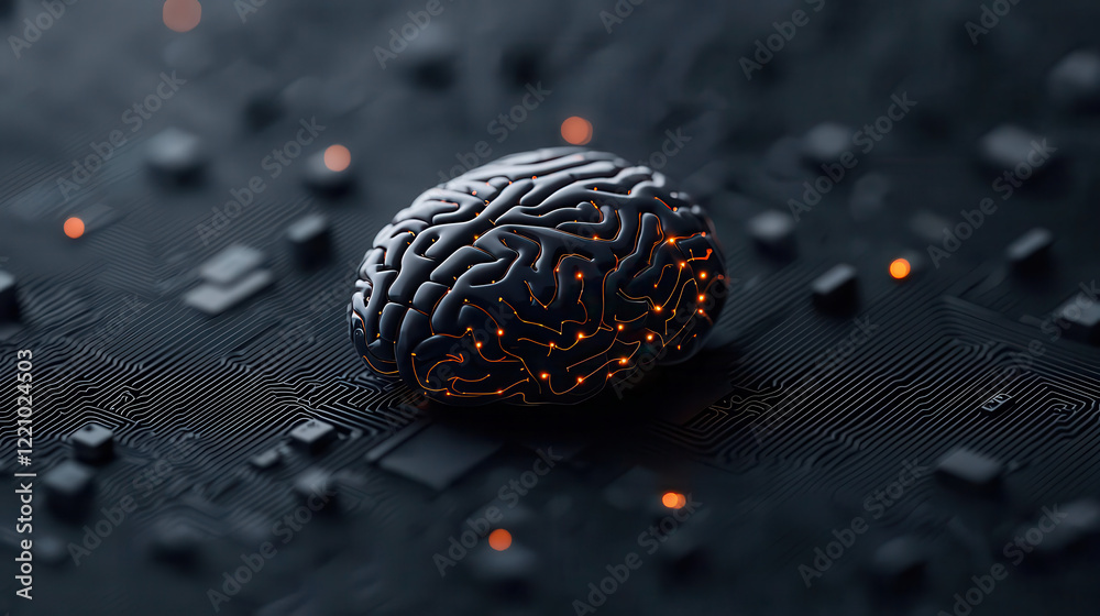 Poster digital brain interface on circuit board, symbolizing advanced technology and human connection. intricate design showcases neural pathways illuminated by glowing elements