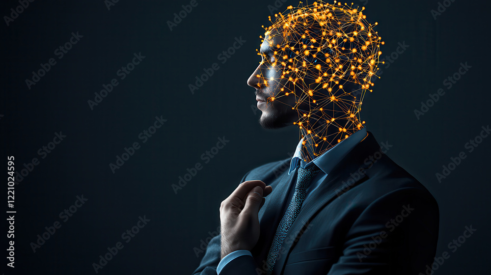 Fototapete digital brain interface concept showcasing man in suit, symbolizing fusion of technology and human intellect. glowing network represents advanced connectivity and innovation