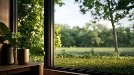 A tranquil view of a green landscape through a window, featuring potted plants indoors and lush greenery outside.