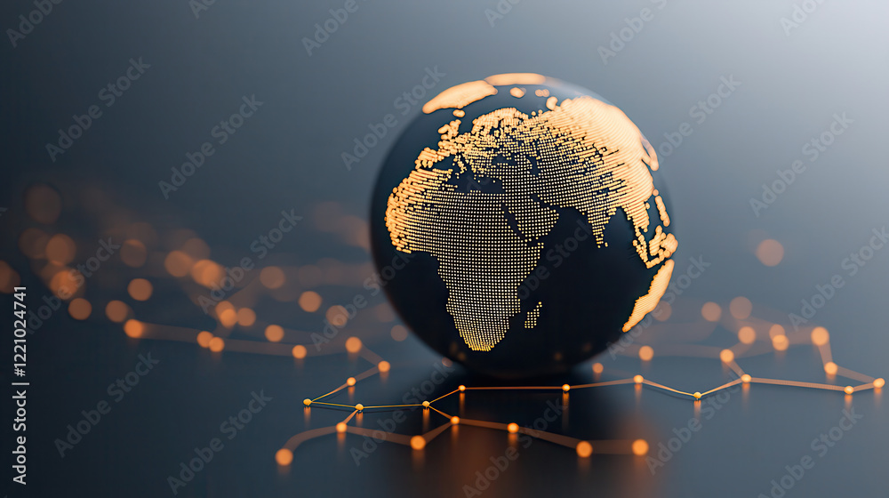 Poster digital globe with interconnected lines representing global connectivity and data exchange. globe features detailed map of Africa, illuminated by glowing points