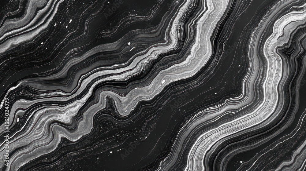 Poster a black, white, and gray grainy, noisy background with an abstract swirl pattern.