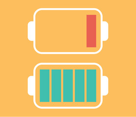 Battery charge low and full energy isolated set. Vector flat graphic design element illustration