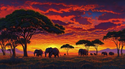 Obraz premium Elephants at Sunset in the African Savanna