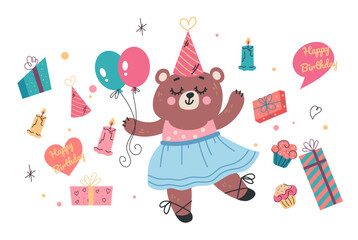 Animal birthday party celebration concept. Vector isolated graphic design illustration set