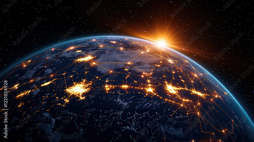 Poster digital globe showcasing interconnected lines and glowing cities, symbolizing global connectivity an