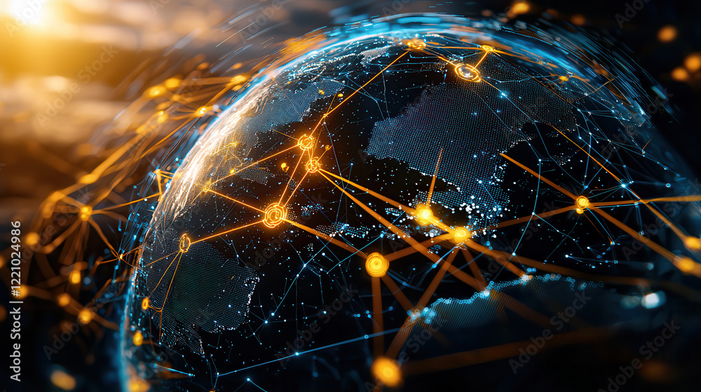 Poster digital globe with interconnected lines representing global connectivity and technology. vibrant colors and intricate patterns evoke sense of innovation and progress