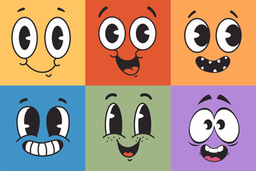 Happy retro cartoon style character face expression comic concept. Vector graphic design illustration element