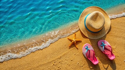 Summer Beach Relaxation: Straw Hat, Slippers, and Starfish Drone Aerial View