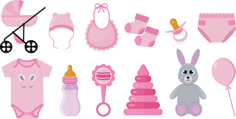Set of isolated elements for a newborn baby girl.