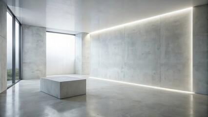 Modern minimalist interior design featuring a concrete platform, expansive windows, and subtle ambient lighting