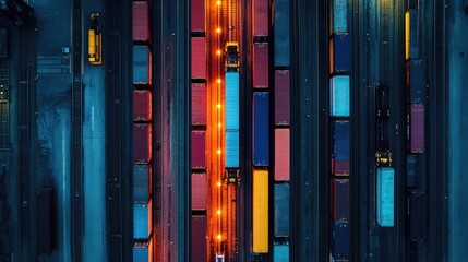 Aerial View of Cargo Containers on Train Tracks at Night