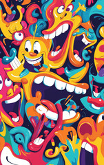 Obraz premium Joyful Abstract Faces: A vibrant and playful illustration featuring an array of expressive cartoon faces in a kaleidoscope of colors and shapes.
