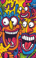 Crazy Cartoon Faces: A vibrant and playful illustration featuring a group of cartoon characters with exaggerated features, wide grins, and expressive eyes.