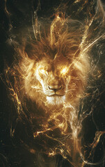 Majestic Lion with Glowing Eyes: a radiant lion depicted in a stunning artistic style, featuring glowing eyes and an ethereal, dynamic mane, symbolizing power and strength.