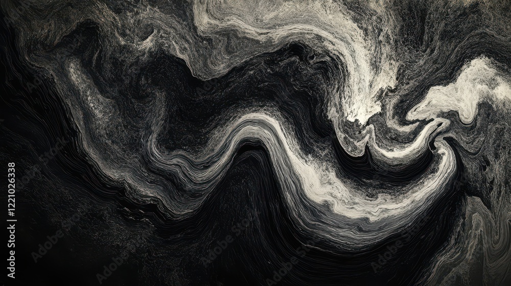 Poster a black, white, and gray grainy, noisy background with an abstract swirl pattern.