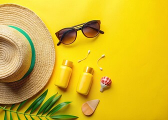 Summer Vacation Essentials: Beach Hat, Sunglasses, Flip Flops & Sunscreen Flat Lay
