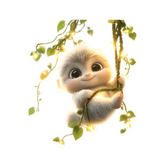 Fluffy 3D Cartoon Character - Baby Slotty Hanging on a Branch Isolated on Transparent Background