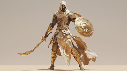 A desert-themed elven knight in gold and sand-colored armor with flowing scarves, wielding a curved scimitar and a shield adorned with sun motifs. Videogame 3D model, A-pose, simpl