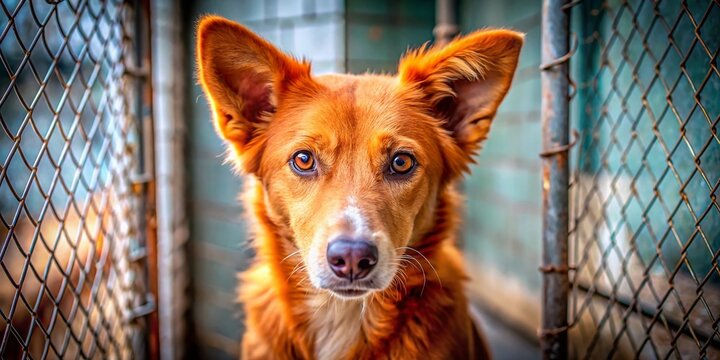 Sad Red Dog in Animal Shelter Cage, Needing a Home - Compassionate Pet Photography