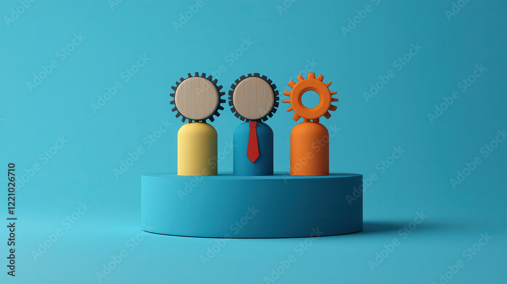 Aufkleber Friendly cartoonish low poly 3D image of three characters with gear heads, representing teamwork and creativity. vibrant colors and playful design evoke sense of collaboration