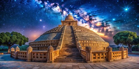 Obraz premium Sanchi Stupa Long Exposure Night Photography, Ancient Indian Architecture, Buddhist Symbolism, Spiritual Landmark, Travel India