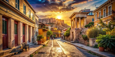 Fototapeta premium Sun-Drenched Athenian Street: Ancient Ruins & Modern Life, Greece