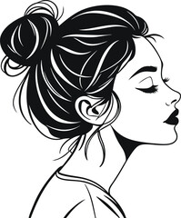 A minimalist and elegant silhouette illustration of a woman’s face with a stylish updo hairstyle, perfect for fashion, beauty, and creative projects.

