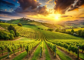 Fototapeta premium Sun-drenched Montepulciano Vineyards in Abruzzo, Italy - Rolling Hills & Lush Landscape